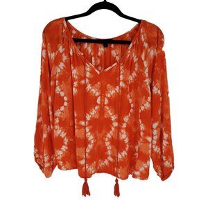 RD & koko womens large orange white geometric tie dye boho blouse tassel v neck